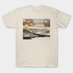 River Landscape Wintertime Oil on Canvas T-Shirt